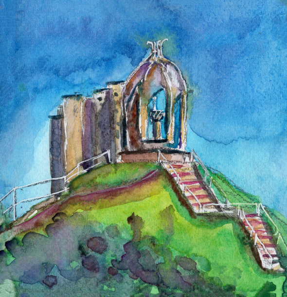 山上凹室的全景景观。手绘城市水彩素描。城市风景和蓝天。绿色的草。夏天或春天。自然与生态。为明信片，海报和打印的模板图片下载