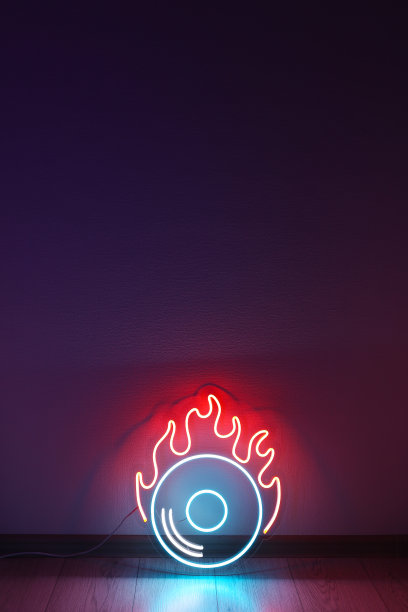 蓝色的黑胶唱片签着橙色的火。图片下载