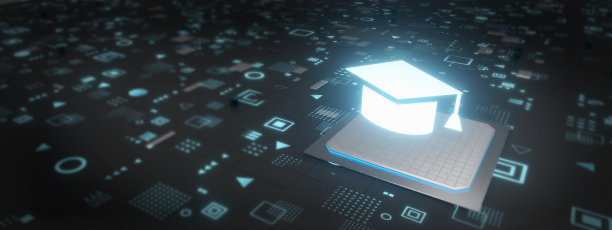 在线教育概念与毕业帽全息图上的微芯片3D插图图片下载