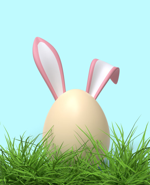 绿草里的蛋和兔子耳朵。复活节的概念。图片下载
