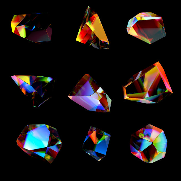 3d抽象彩色宝石孤立在黑色，未来的水晶集，3d渲染图片下载