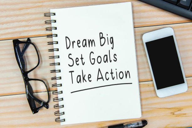 打开笔记本，文字“梦想大，设定目标，采取行动”和木制背景的眼镜。图片下载