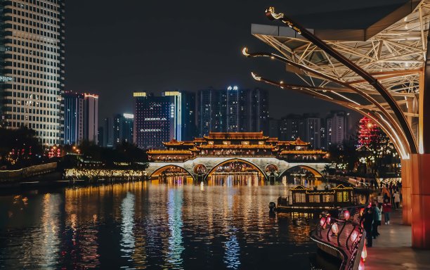 美丽的成都夜景，锦江流经安顺大桥图片下载