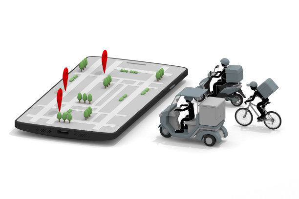 智能手机和外卖应用。外卖。在地图上显示你的目的地。通过送货赚钱。搬运食物的人。图片下载