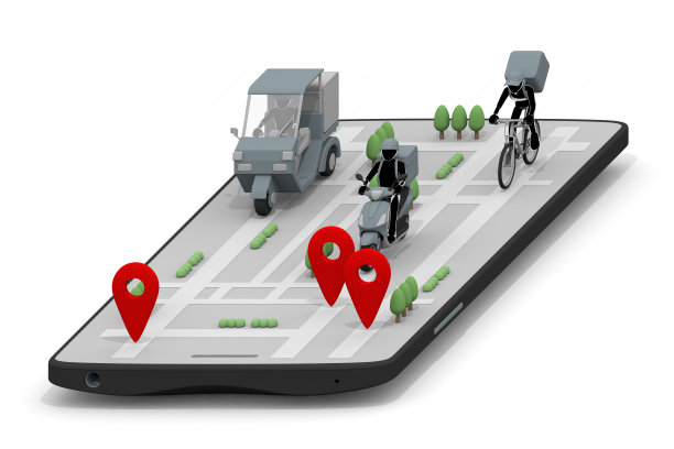 智能手机和外卖应用。外卖。在地图上显示你的目的地。通过送货赚钱。搬运食物的人。图片下载