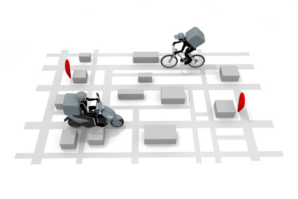 智能手机和外卖应用。外卖。在地图上显示你的目的地。通过送货赚钱。搬运食物的人。图片下载