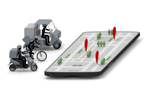 智能手机和外卖应用。外卖。在地图上显示你的目的地。通过送货赚钱。搬运食物的人。图片下载