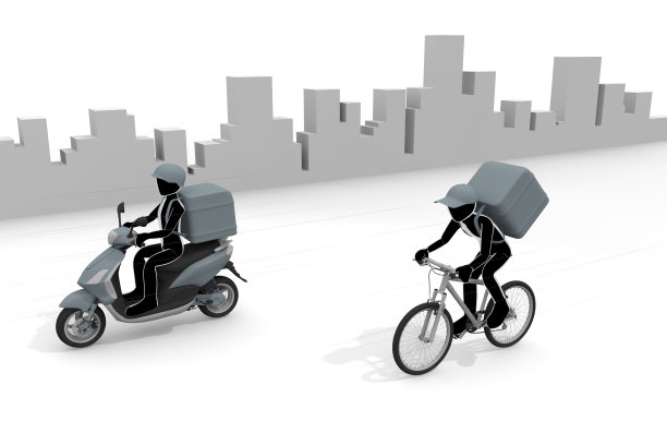 由自行车。骑摩托车送外卖。信使作为信使工作的人兼职工作。图片下载