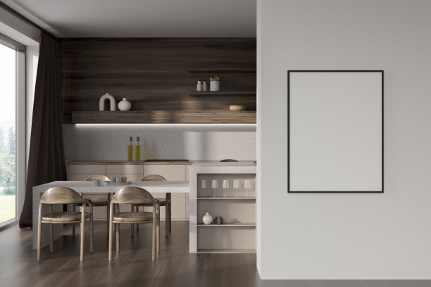 黑暗的厨房内部与空的白色海报，全景窗口图片下载