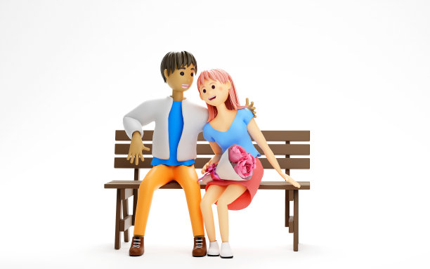 可爱的年轻情侣坐在长椅上。副本的空间。3 d渲染。图片下载