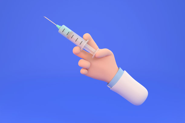 卡通医生戴着手套的手拿着注射器接种疫苗图片下载