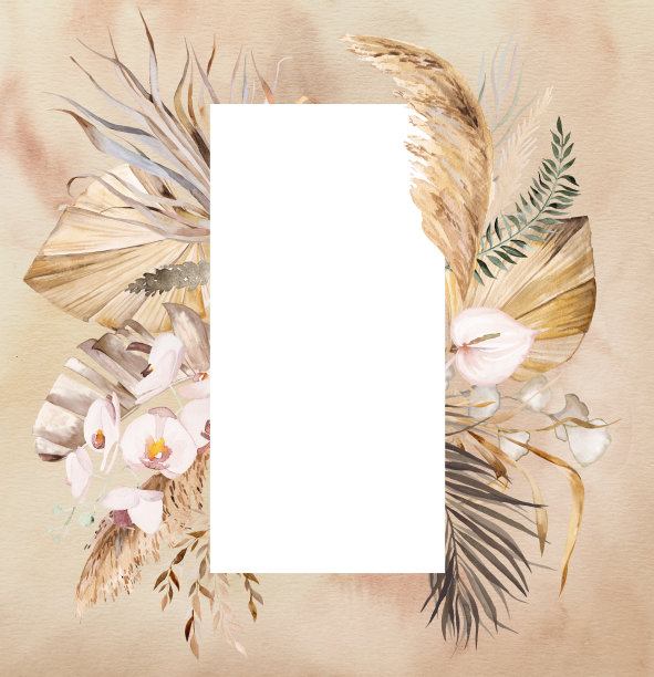 水彩波西米亚矩形框架与干燥的叶子和热带花卉插图图片下载