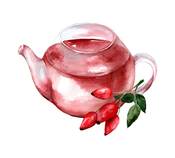 玻璃茶壶与茶孤立在白色背景。水彩手绘插图图片下载