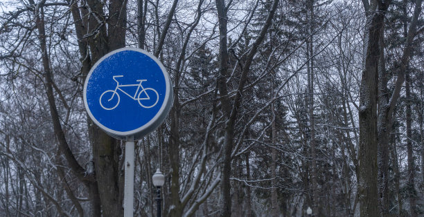 冬季公园的蓝色自行车道标志。在寒冷的天气骑自行车。人行道上的自行车模板。交通标志的概念。图片下载