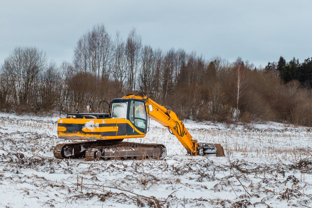 黄色的挖掘机在积雪的冬季森林景观。挖掘机的背景是冬季森林。施工现场准备。图片下载