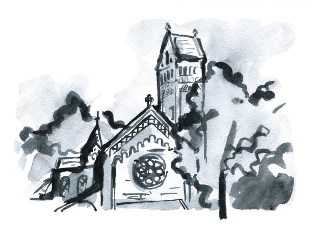 欧洲教堂建筑。哥特式殿。天主教会。水彩绘画插图图片下载