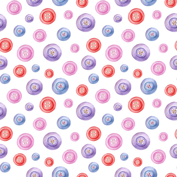 水彩缝钮扣无缝图案。爱好拼接背景孤立在白色上。手工绘制的可爱的工艺品用于刺绣，剪贴簿。面料、印花、包装重复设计。图片下载