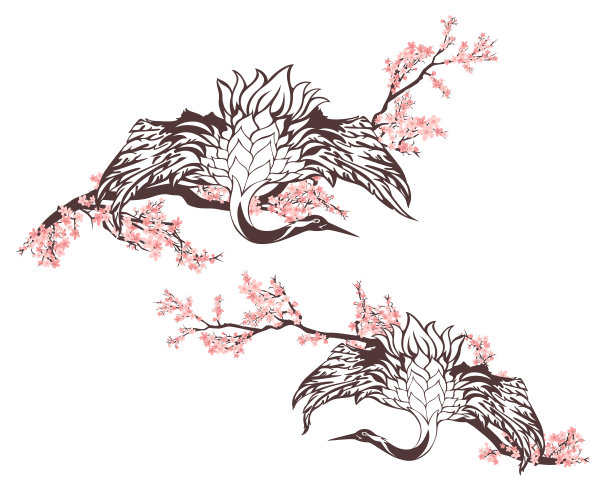 樱花枝和日本鹤鸟与展开翅膀的春天季节矢量设计图片下载