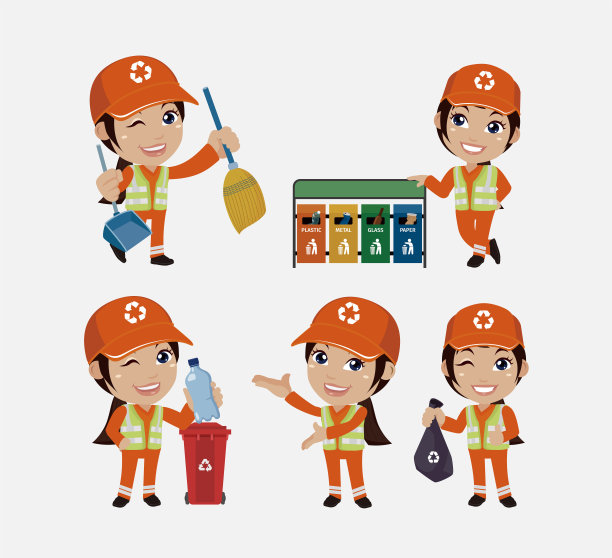 一组不同姿势的街道清洁工图片下载