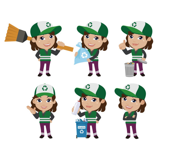 一组不同姿势的街道清洁工图片下载