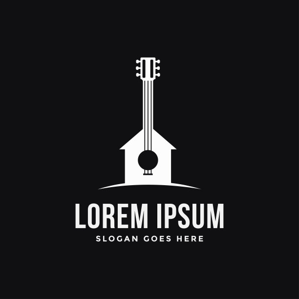 有趣的极简主义吉他屋标志图标矢量模板上的黑色背景图片下载