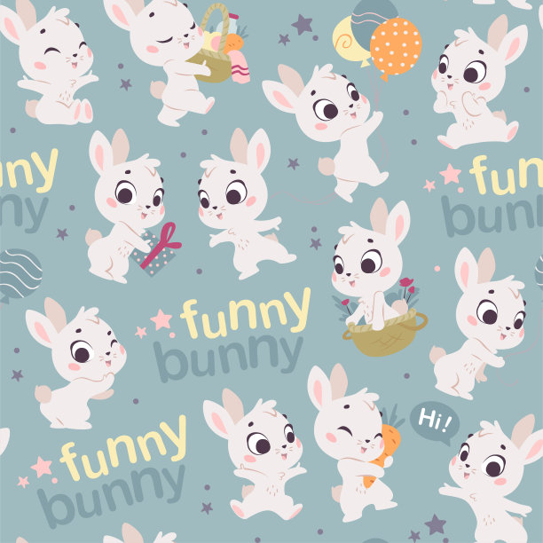向量无缝模式与可爱的小白兔孤立。图片下载