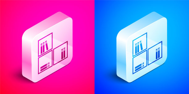 等距书架与书籍图标孤立在粉红色和蓝色的背景。货架上的迹象。银广场按钮。向量图片下载