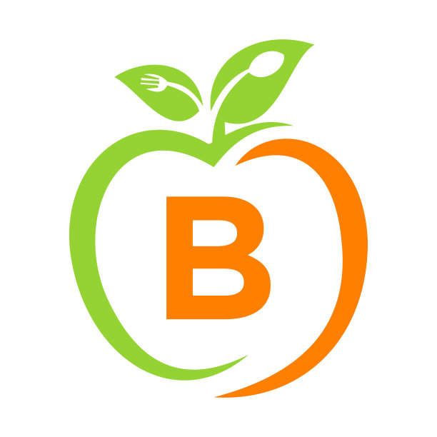 健康食品标志上的字母B，苹果健康保健矢量模板。苹果标志模板与B字母叉子，勺子概念餐厅标志图片下载