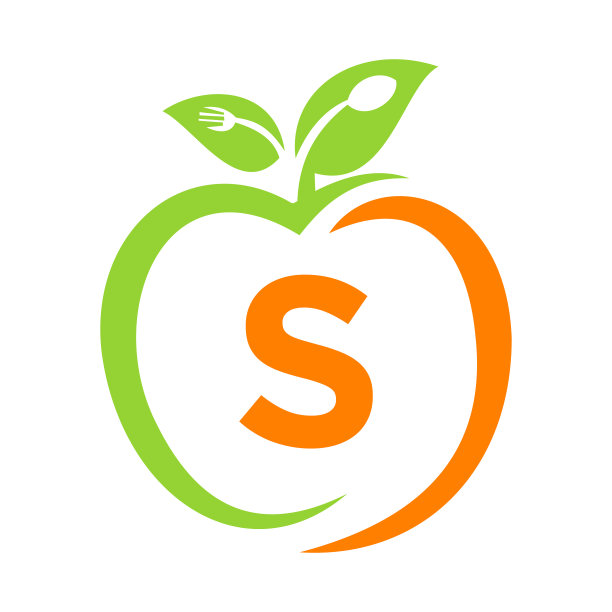 健康食品标志上的字母S，苹果健康保健载体模板。苹果标志模板与S字母叉子，勺子概念餐厅标志图片下载