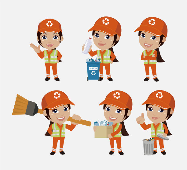 一组不同姿势的街道清洁工图片下载