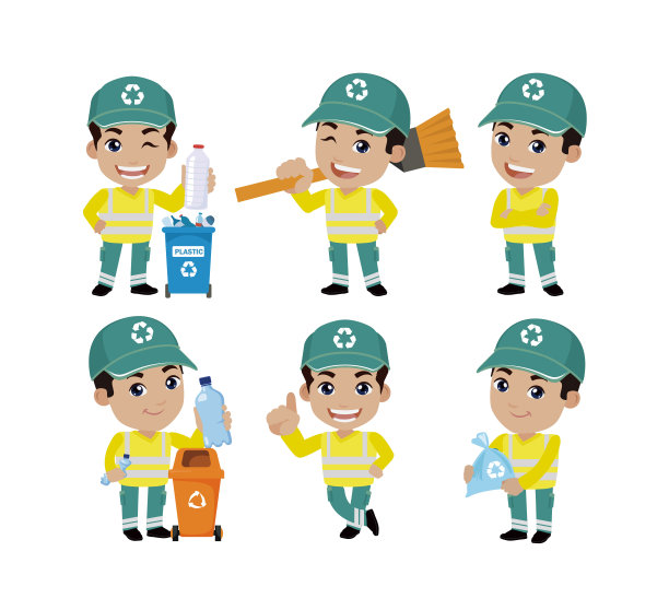 一组不同姿势的街道清洁工图片下载