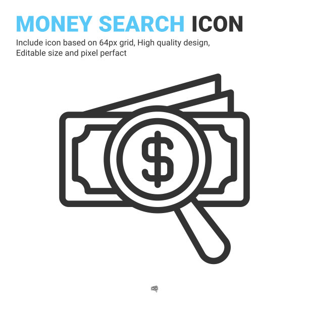 金钱搜索图标矢量与轮廓风格孤立在白色背景。矢量插图货币符号符号图标概念数字业务，金融，行业，公司，应用程序和项目图片下载