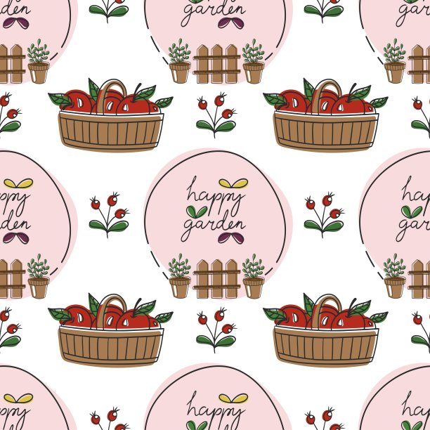 向量无缝园艺模式与柳条篮与苹果在卡通手绘风格。图片下载