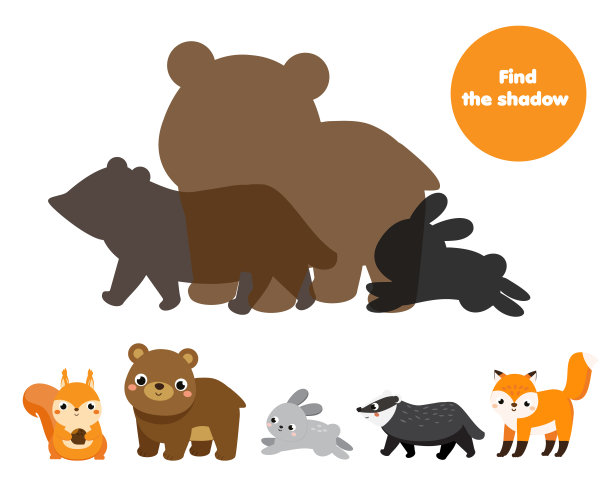 影子配对游戏。儿童活动与卡通森林动物。为幼儿找到剪影有趣的页面图片下载