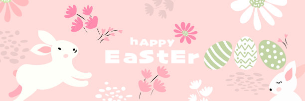 快乐的复活节横幅，海报背景图形设计，装饰与兔子，复活节彩蛋和鲜花图片下载