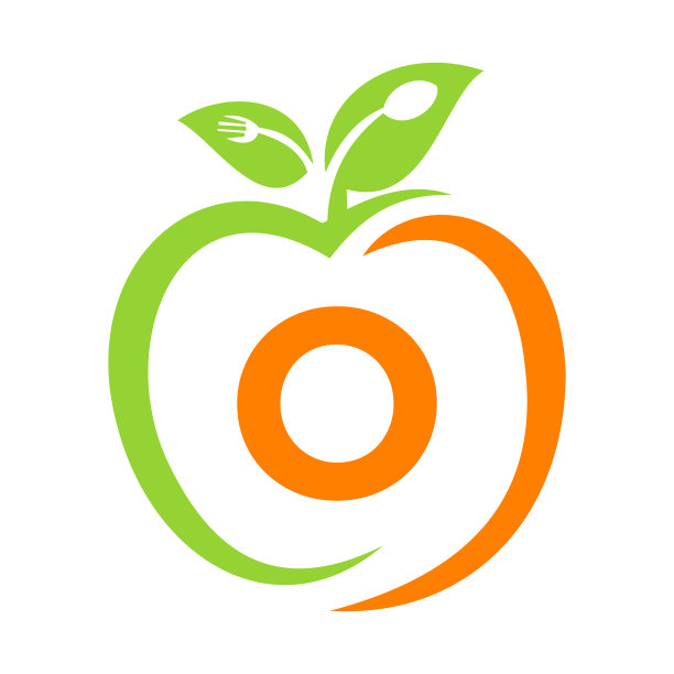 健康食品标志上的字母O，苹果健康保健矢量模板。苹果标志模板与O字母叉子，勺子概念餐厅标志图片下载
