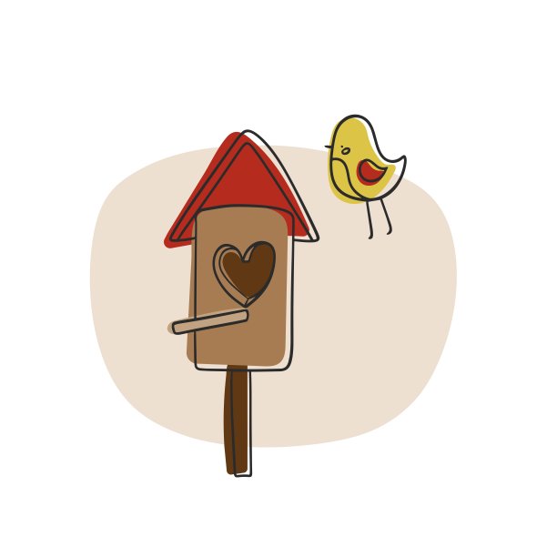 鸟屋的向量集与一个心和一个小黄色的鸟在一个卡通，手绘风格。图片下载