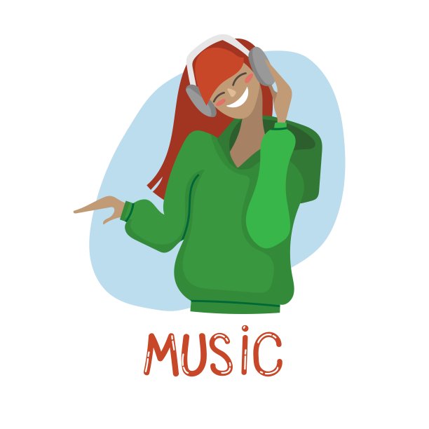 一个女孩戴着耳机听着音乐跳舞的平面插图，手绘风格的卡通。图片下载