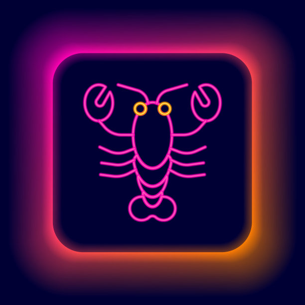 发光的霓虹灯线龙虾图标孤立在黑色背景。色彩斑斓的轮廓的概念。向量图片下载