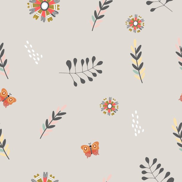 无缝图案与抽象的花朵，树枝，蝴蝶，灰色背景，快乐复活节背景，数字纸，包装。图片下载