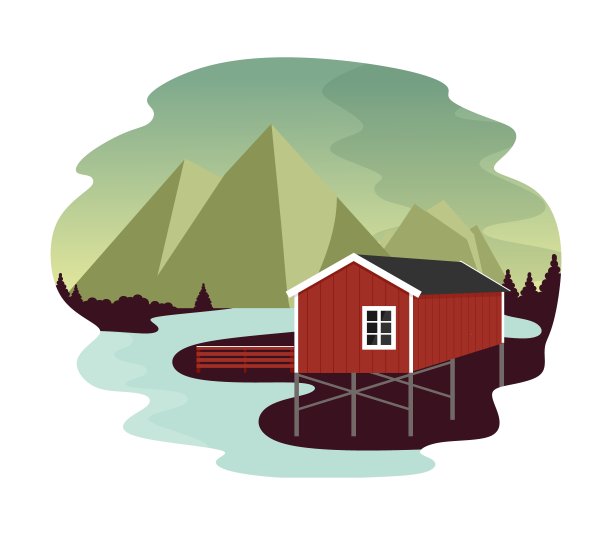 村庄位于山川风光旖旎的北部山谷，山谷里建有红房子。在湖边和河边的山村里休息。平面风格的矢量插图。图片下载