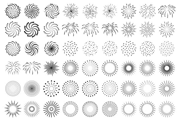 有星星和爱心的大烟花。现代辐射太阳爆发，手绘星点爆发模板。图片下载