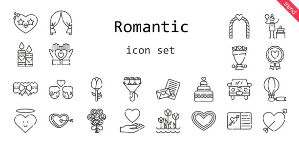浪漫的图标集。行图标风格。与浪漫相关的图标，如爱情，情侣，吊袜带，桦树，花束，蜡烛，最爱，心，婚礼车，丘比特，热气球，婚礼蛋糕，郁金香，婚礼拱门，情书图片下载