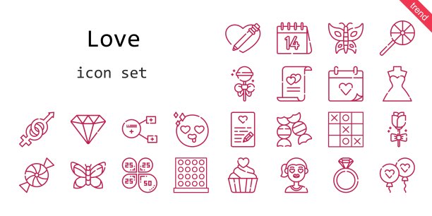 爱的图标集。行图标风格。爱情相关的图标如婚纱，气球，性别，糖果，订婚戒指，婚礼，棒棒糖，女孩，分享，花瓣，心，钻石，在爱，蝴蝶，婚姻，tic tac toe图片下载