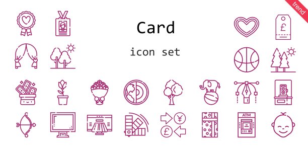 卡图标集。行图标风格。卡片相关图标如支付方式，礼物，颜色，展示，树，花束，诡计，郁金香，最爱，树，相机，心，丘比特，身份证，篮球，婚礼拱门，地球图片下载