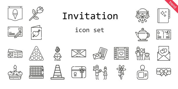 邀请图标集。行图标风格。邀请相关图标，如父亲和儿子，礼品卡，机票，吊袜带，父亲，泳池，茶壶，婚礼视频，圆锥，议程，鲜花，婚礼车，储蓄，信封，明信片图片下载