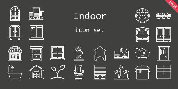 室内的图标集。行图标风格。室内相关图标如砖，床头柜，门，书架，水槽，椅子，办公室，门，服装店，浴缸，锅，谷仓，台灯，植物，窗户图片下载
