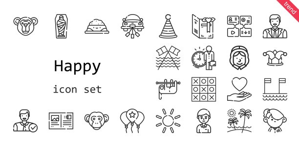 快乐的图标集。行图标风格。快乐相关的图标，如爱，宠物食品，气球，猴子，学生，木乃伊，朝圣者，雇员，信息，树懒，太阳，婚礼车，明信片，派对帽，tic tac toe，海滩，小丑图片下载
