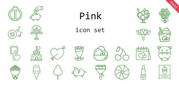 粉红色的图标集。行图标风格。粉红色相关的图标，如樱桃，棉花糖，城堡，存钱罐，糖果，花束，口红，手镜，花，河马，丘比特，冰淇淋，浪漫的音乐，蛋糕，西瓜图片下载
