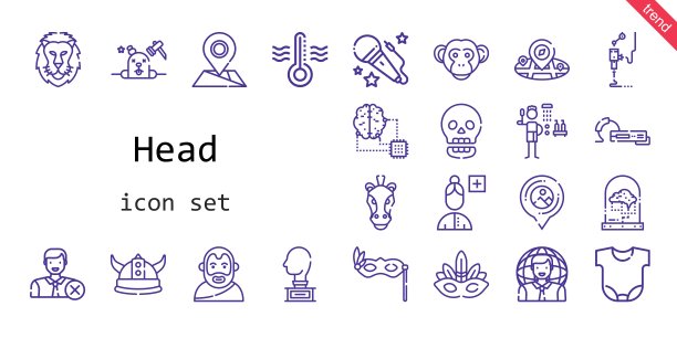 头图标集。行图标风格。头部相关图标如语音，亚里士多德，淋浴，眼罩，猴子，雕塑，3d打印机，大脑，身体，耳机，人工智能，狮子，马，幻影，添加用户，占位符图片下载